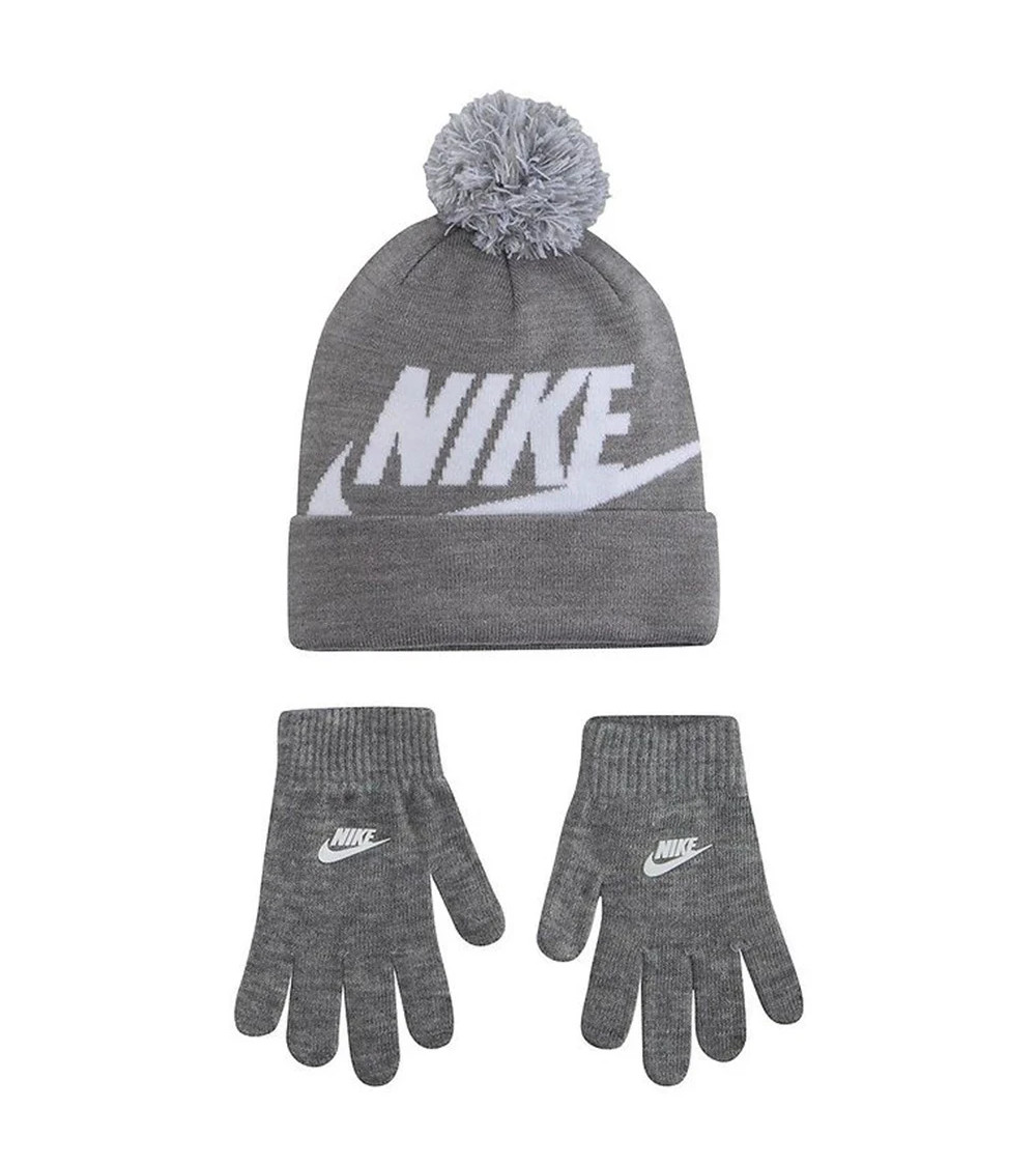 NIKE NAN SWOOSH POM BEANIE GLV SET APPAREL, 042-DK GREY HEATHER, TAGLIA UNICA BAMBINI E RAGAZZI