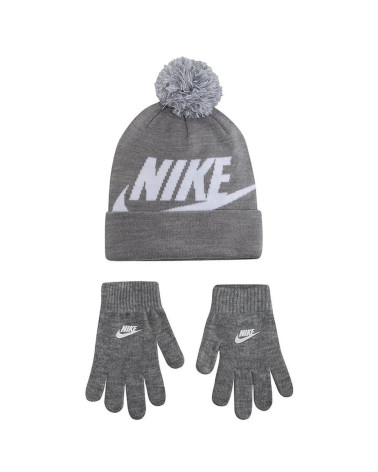 NIKE NAN SWOOSH POM BEANIE GLV SET APPAREL, 042-DK GREY HEATHER, TAGLIA UNICA BAMBINI E RAGAZZI